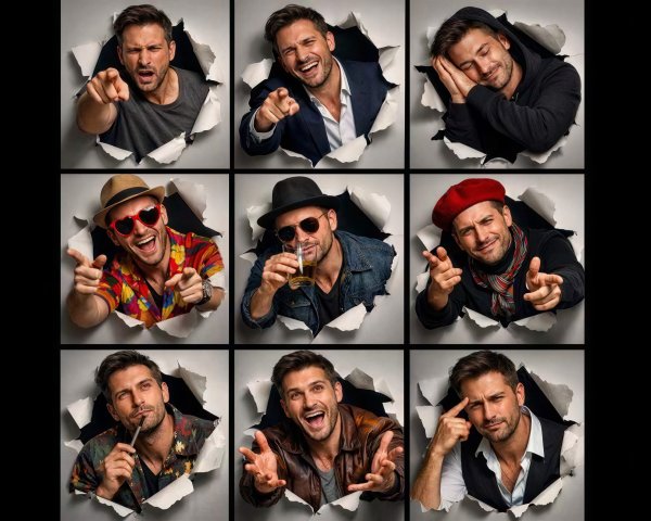 Nine Headshots of Male Model in Torn Paper Grid