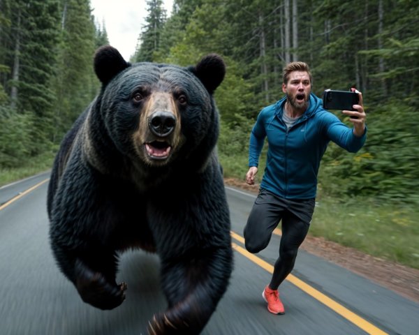 Man in Blue Jacket Runs from Bear on Forest Road