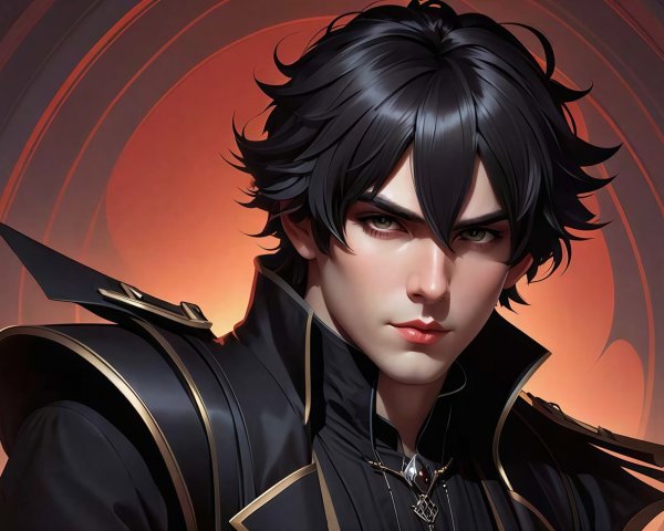 Young man in dark fantasy attire with serious expression