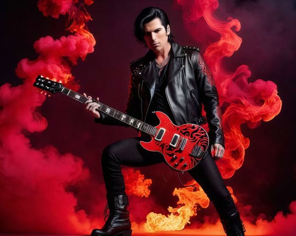 Male Rockstar Guitar Player in Dramatic Setting