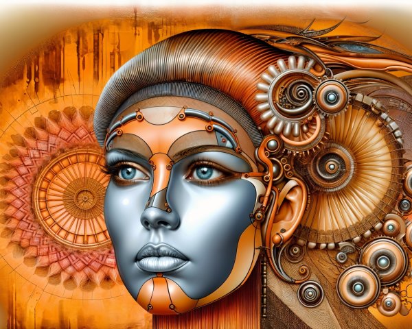Futuristic Cyborg Face with Metallic Elements and Warm Tones