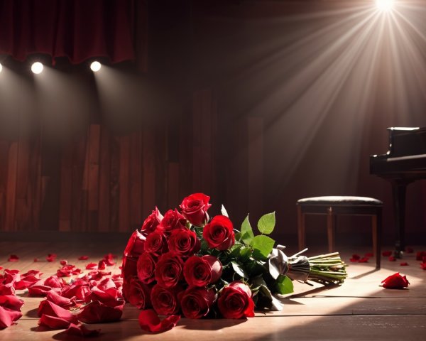 Romantic Stage Scene with Piano and Red Roses
