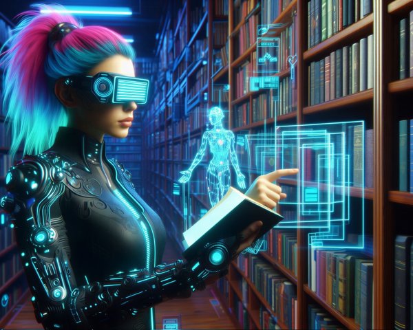 Cyberpunk Woman in Futuristic Library with VR Tech
