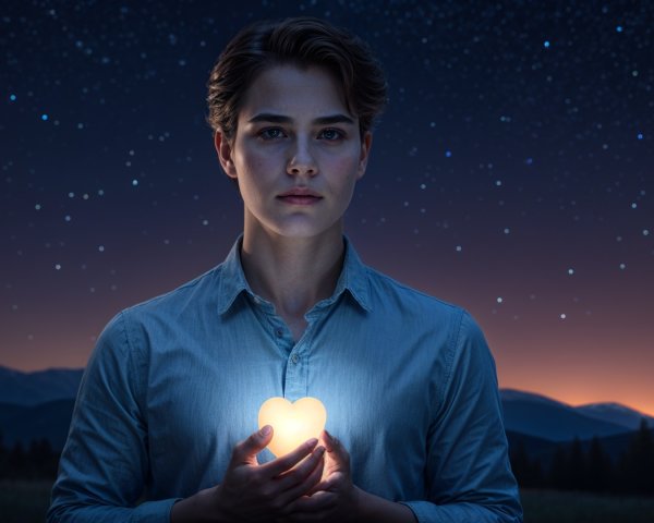 Twilight Landscape with Heart-Shaped Light and Stars