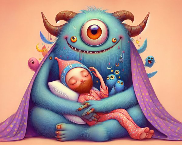 Whimsical Scene of a Monster Cradling a Sleeping Child