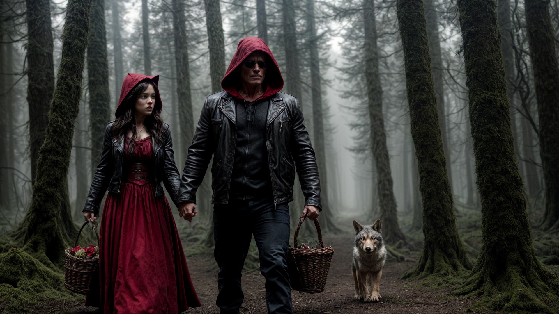 Mysterious Forest Scene with Couple and Wolf