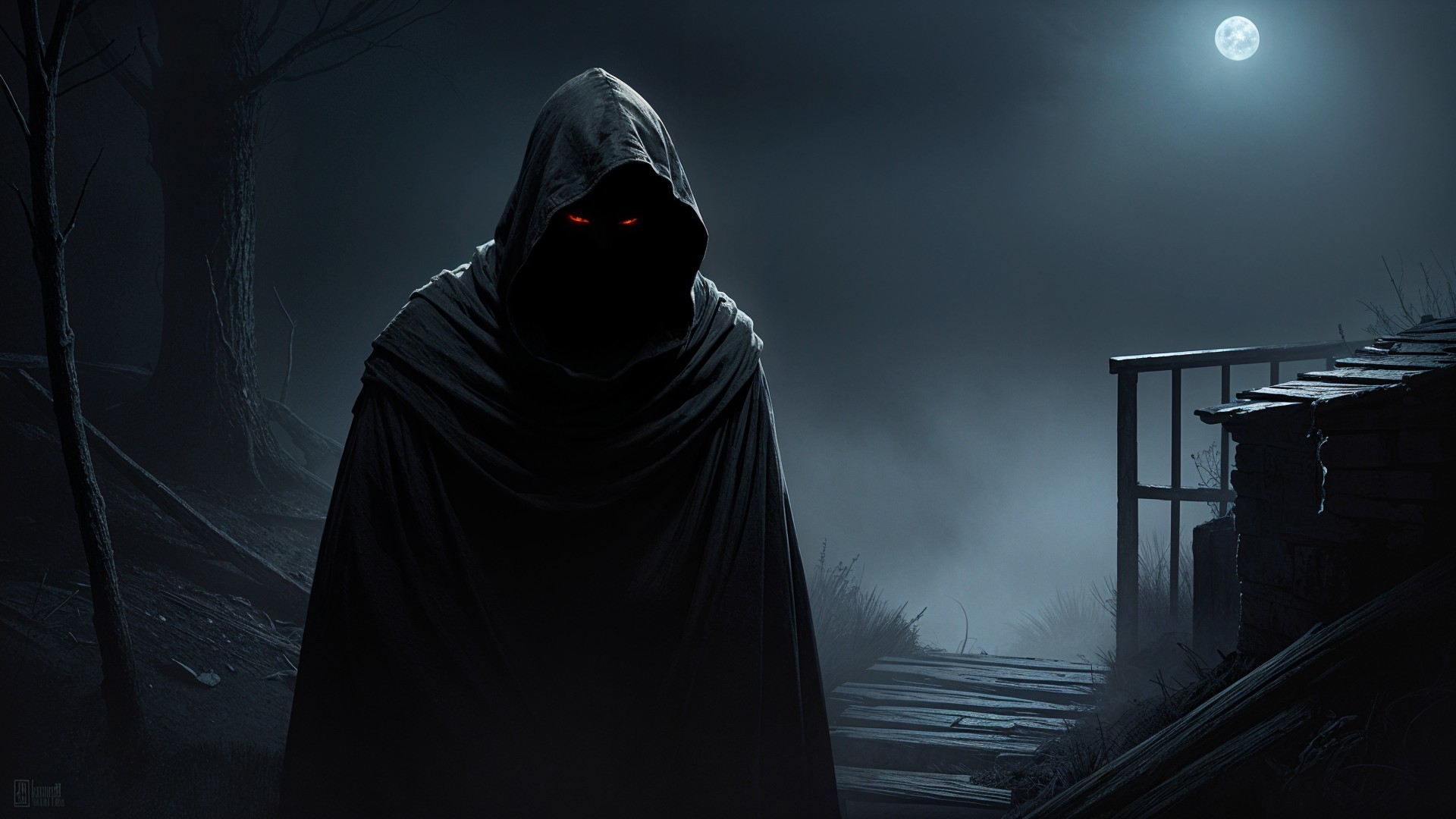 Mysterious Cloaked Figure Under Full Moonlight