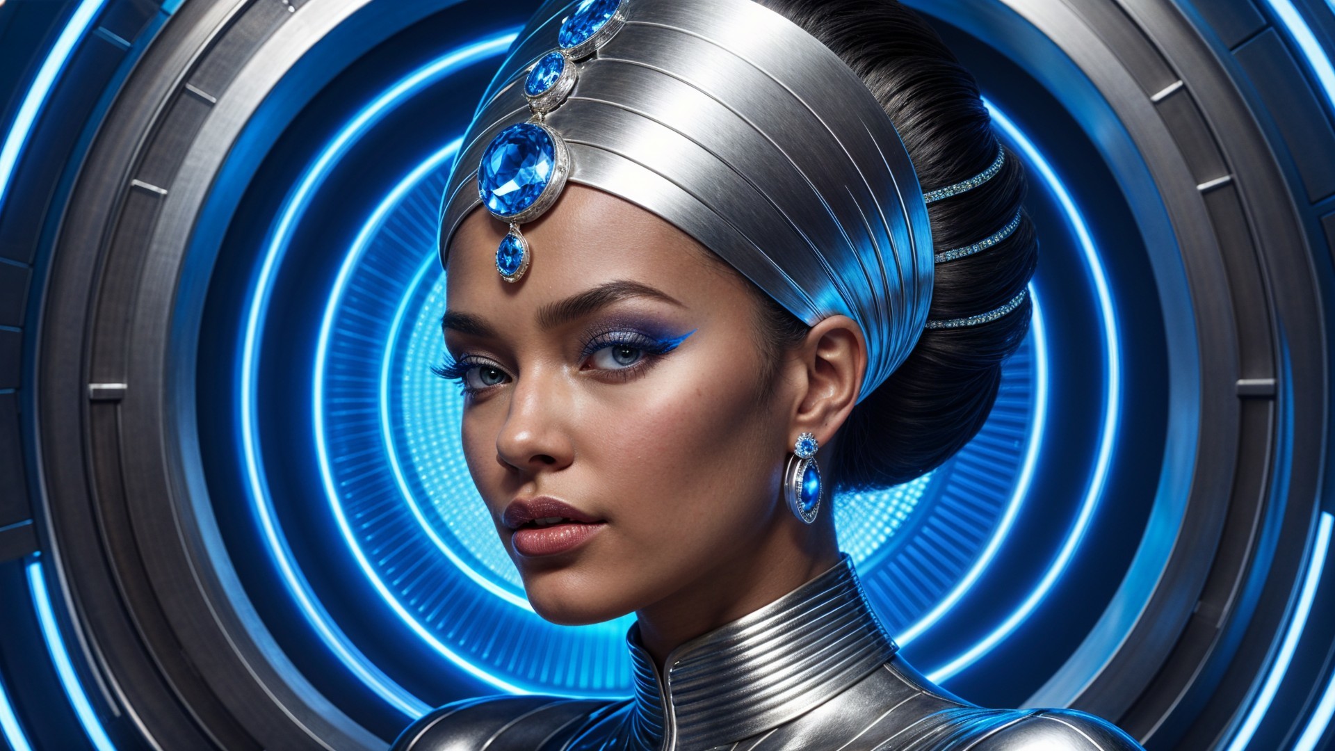 Futuristic Figure in Metallic Costume with Jewels