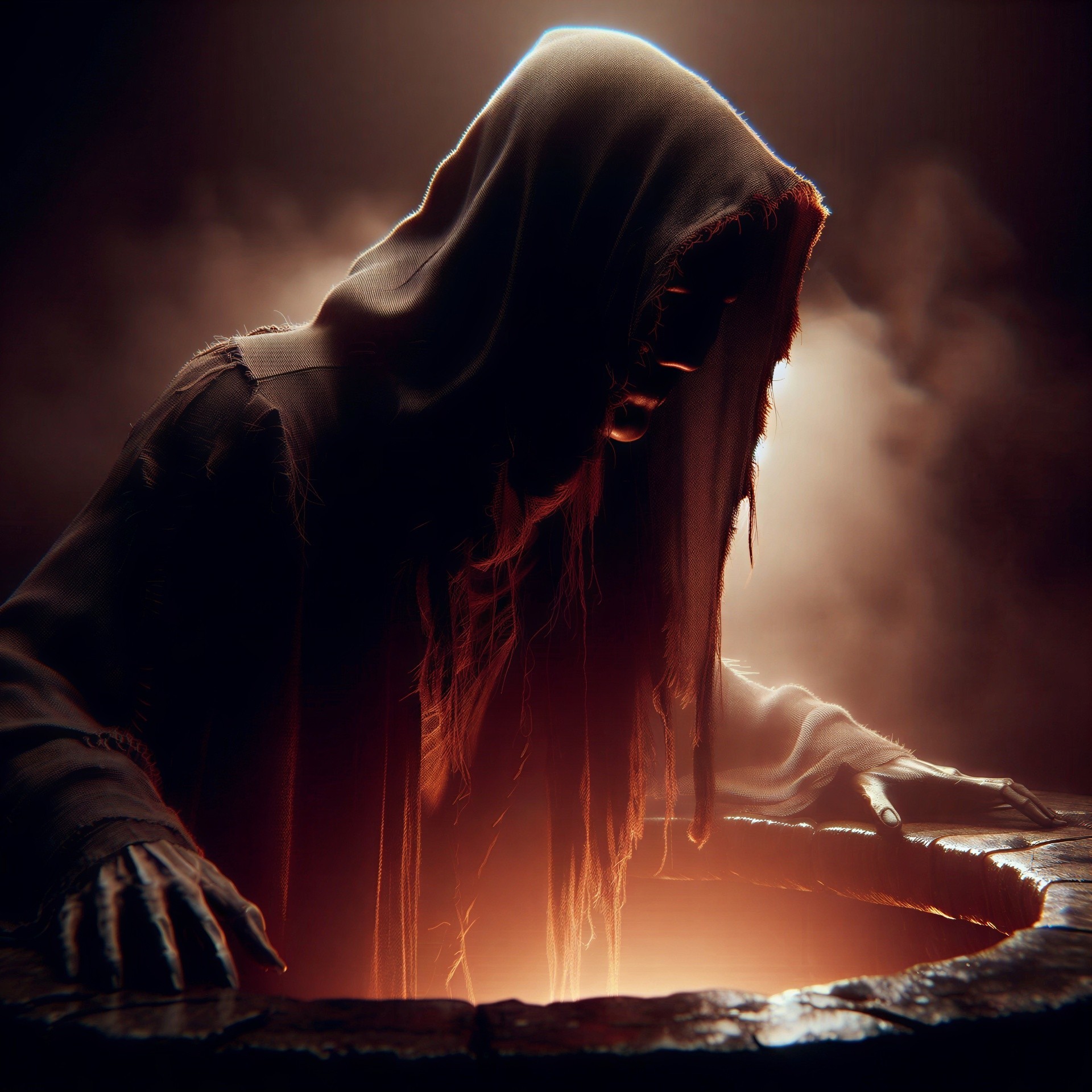 Mysterious cloaked figure by an ominous well