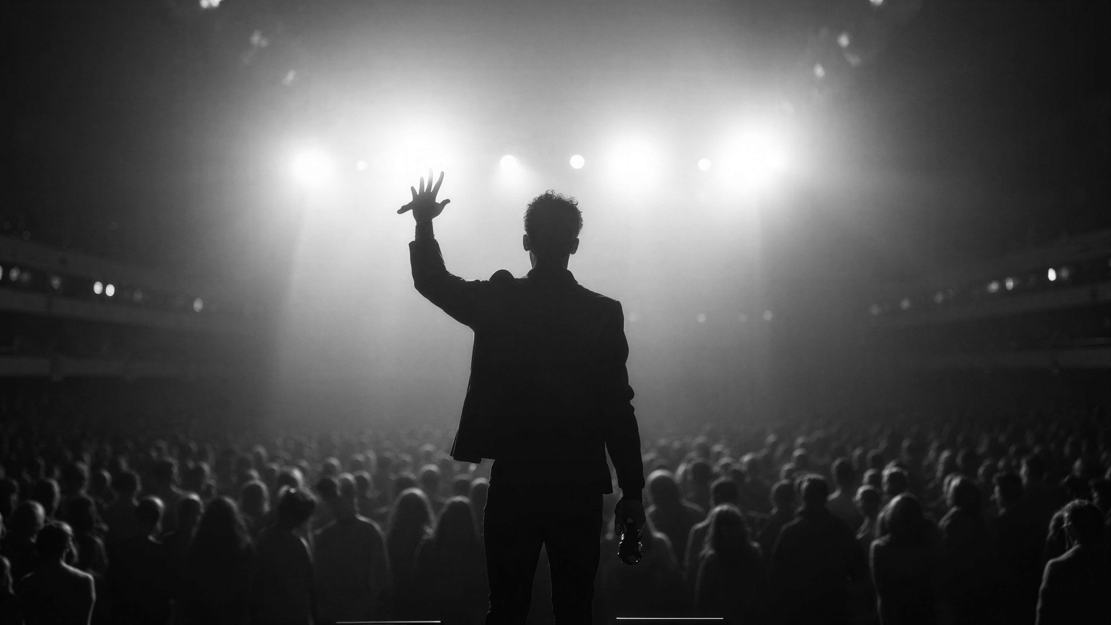 Silhouetted Performer on Well-Lit Stage with Audience