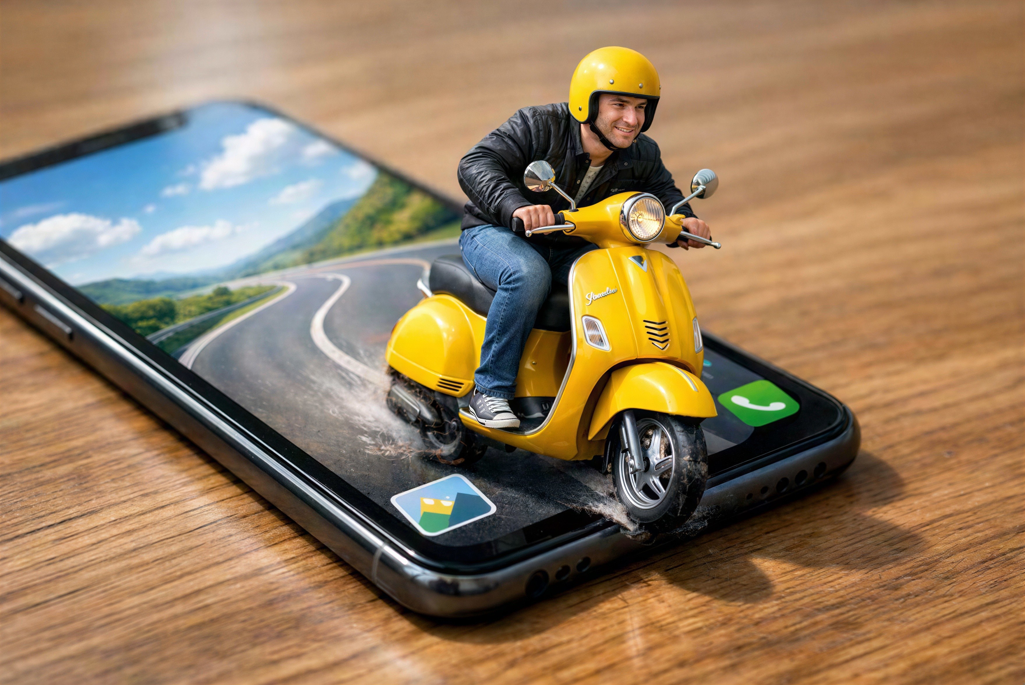 Miniature Figure Riding Vespa Scooter from Smartphone