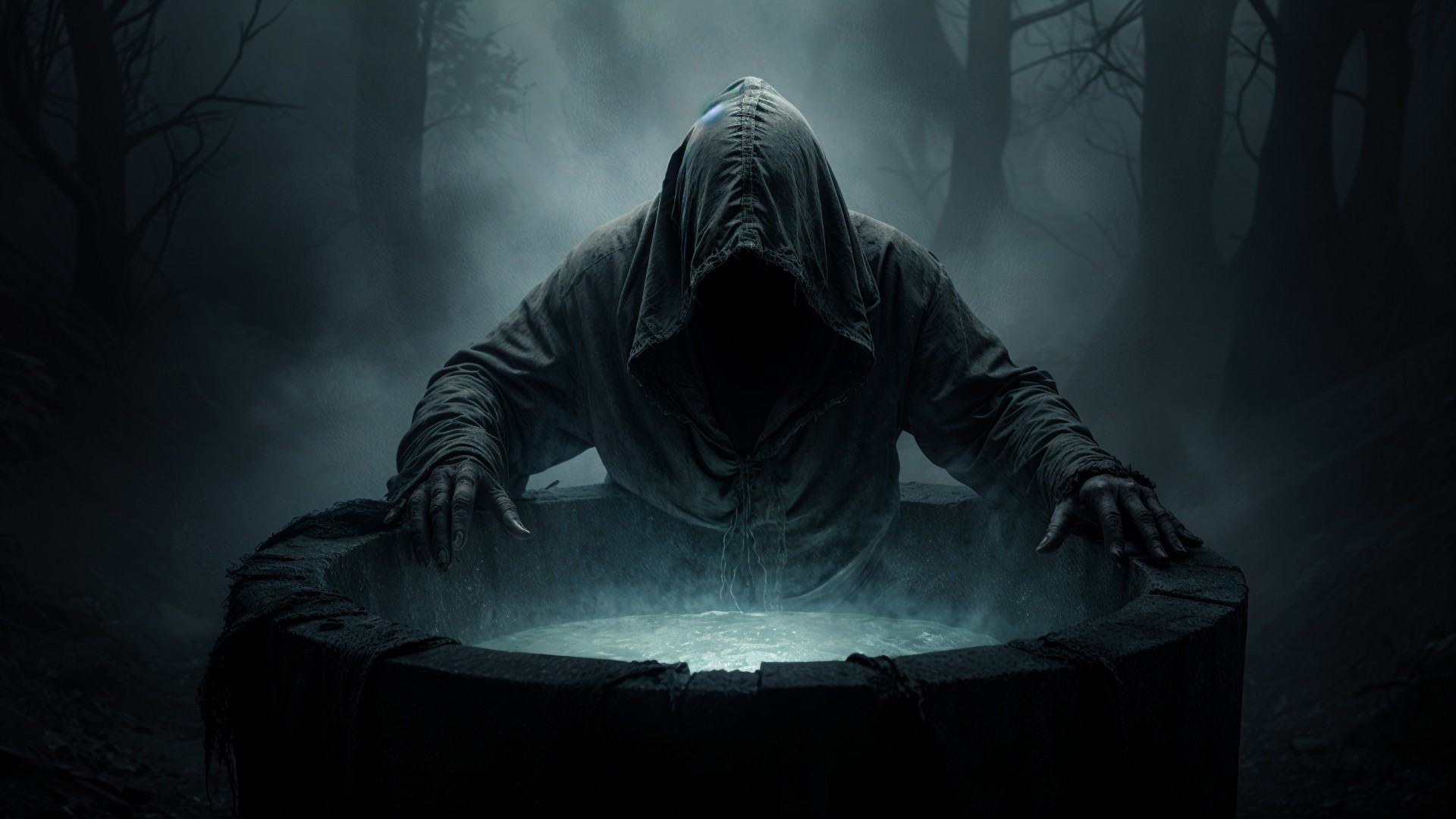 Cloaked Figure by Misty Well in Shadowy Forest