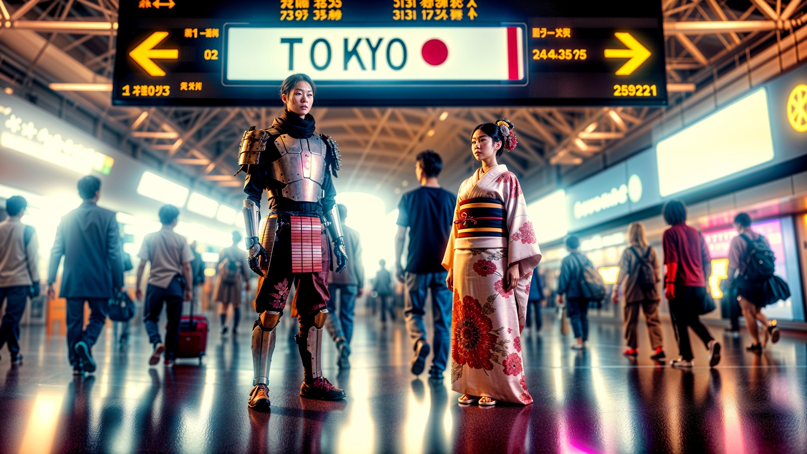 Samurai and Kimono in Tokyo Airport's Modern Scene