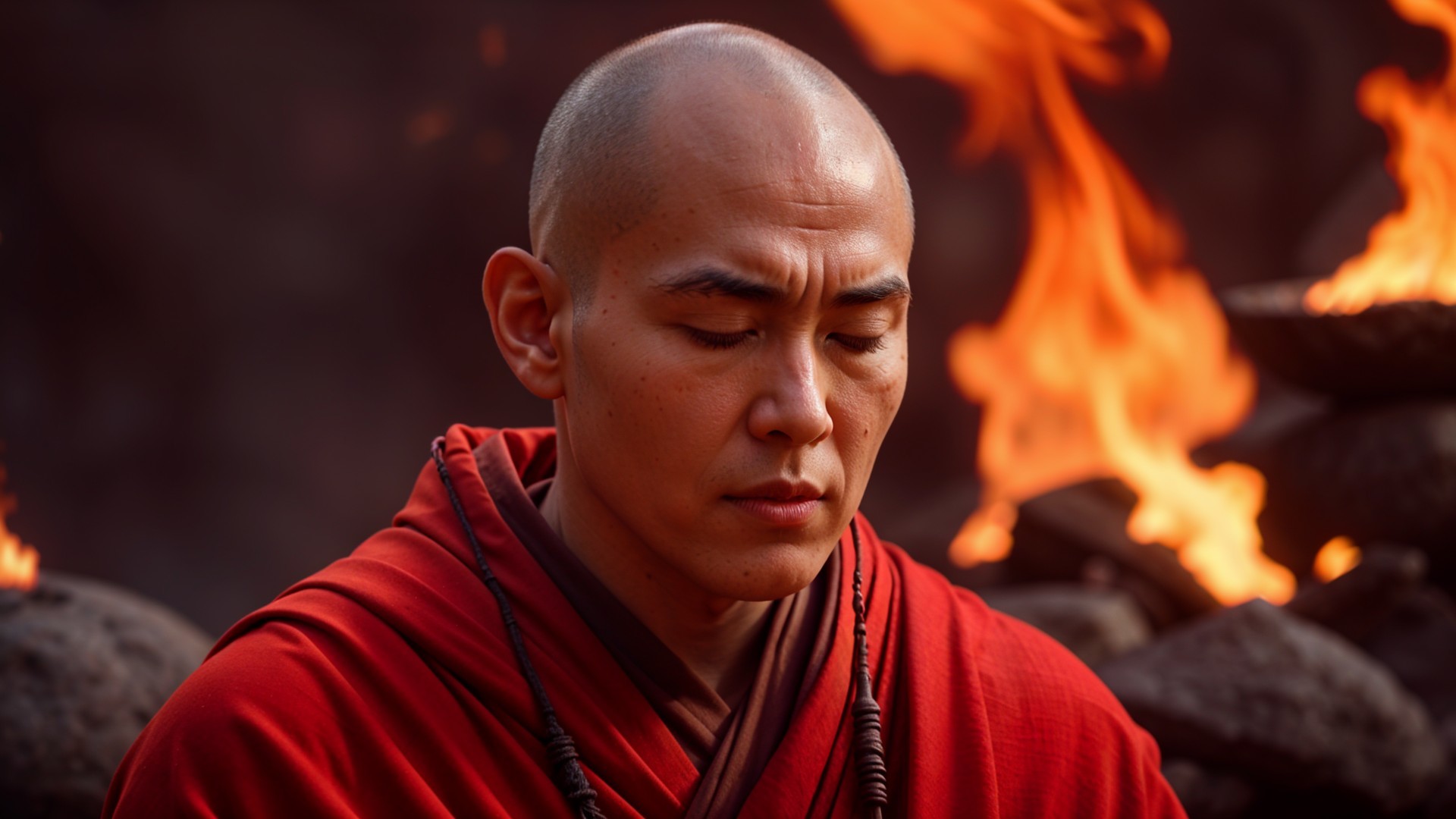 Monk Meditating in Front of Flickering Flames