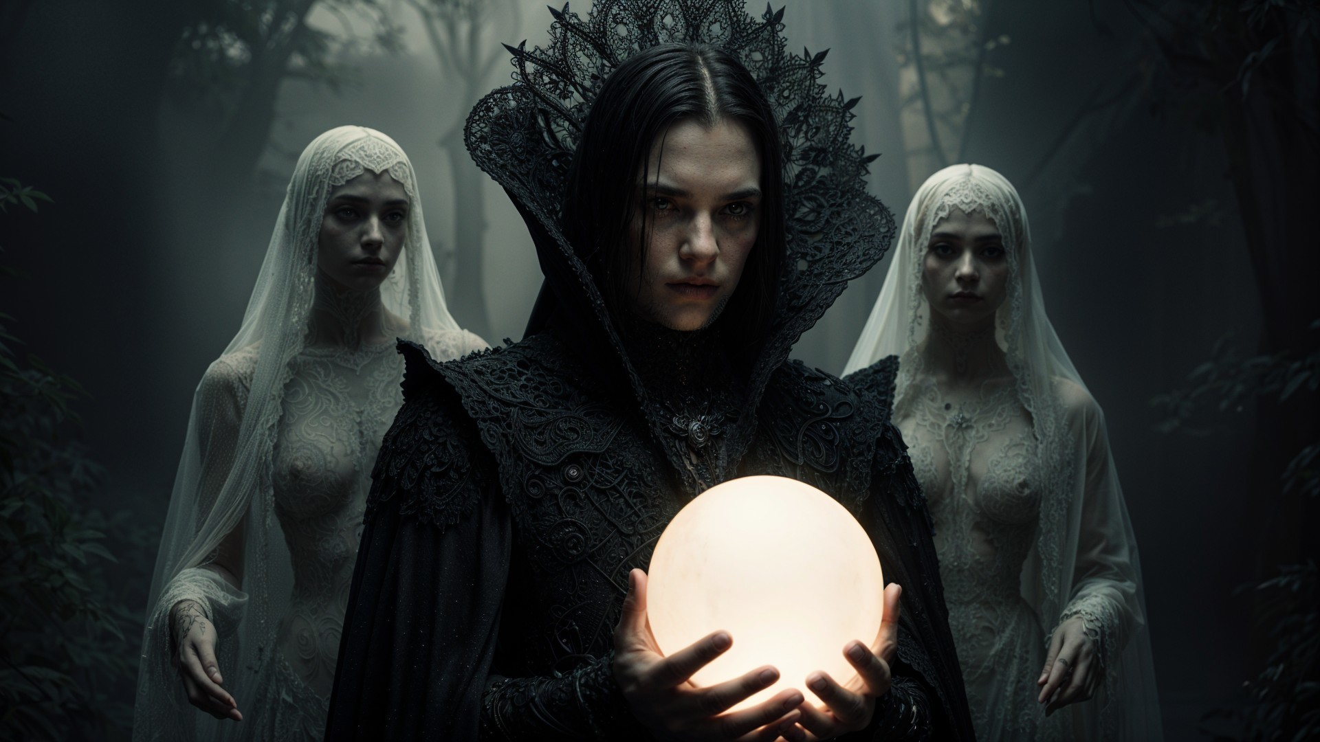 Mysterious Figure in Cloak with Glowing Orb in Forest