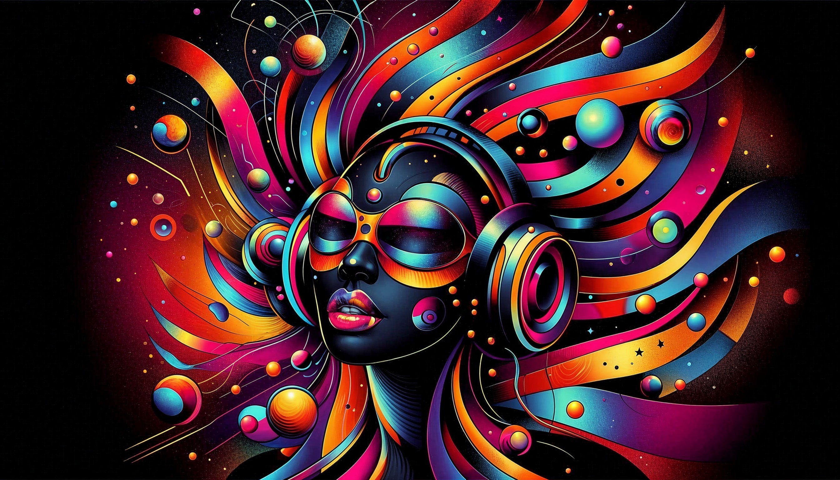 Surreal Woman with Colorful Cosmic Hair and Headphones