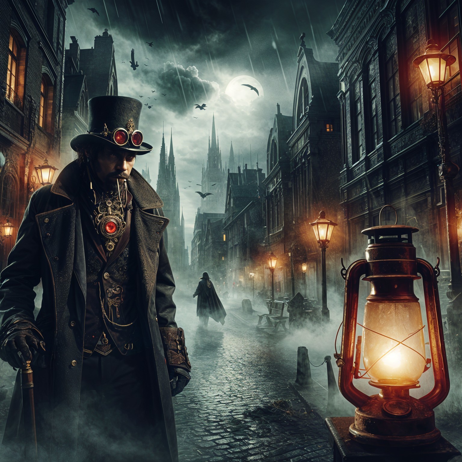 Mysterious Figure in Steampunk Attire on Gothic Street