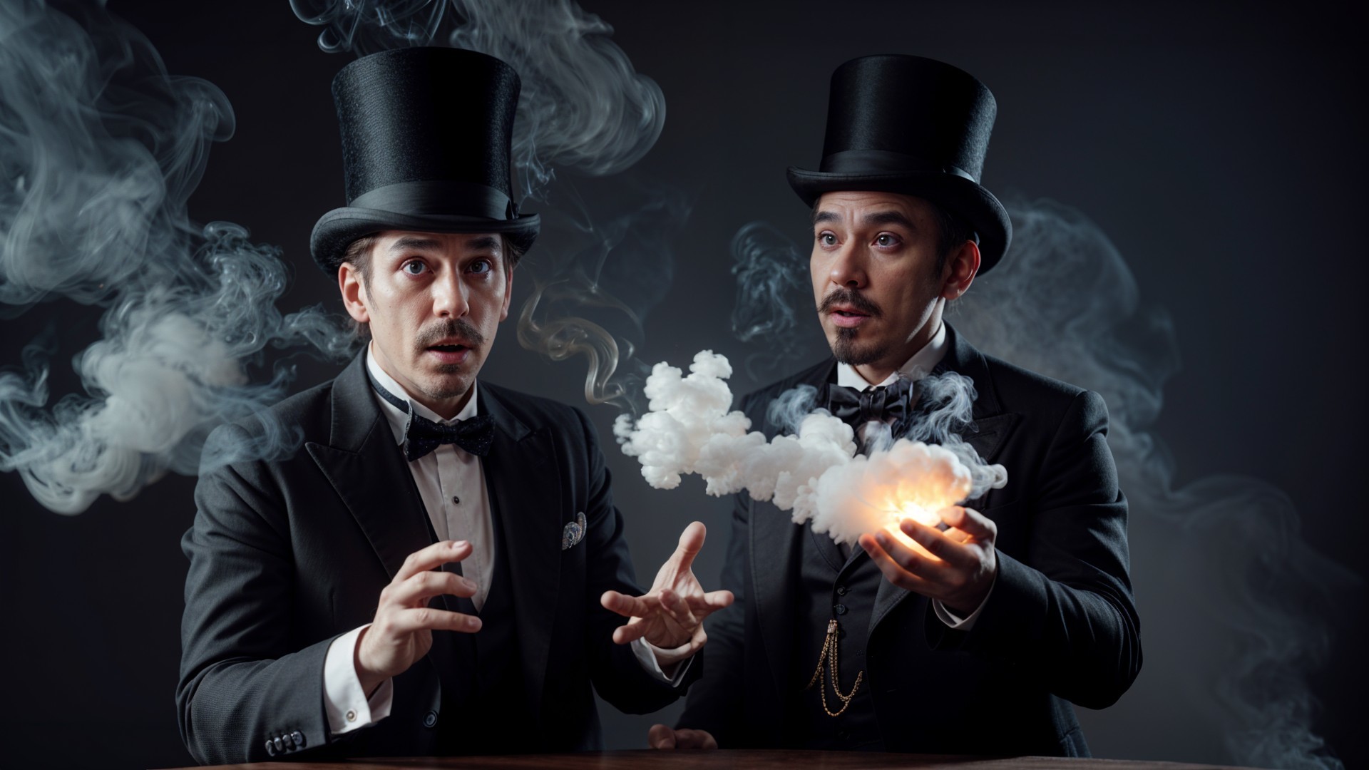 Astonished Magicians in Tuxedos with Light Orb