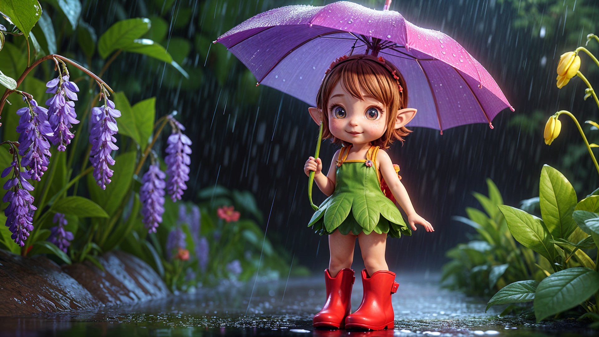 Fairy in Rainy Garden with Purple Umbrella and Flowers