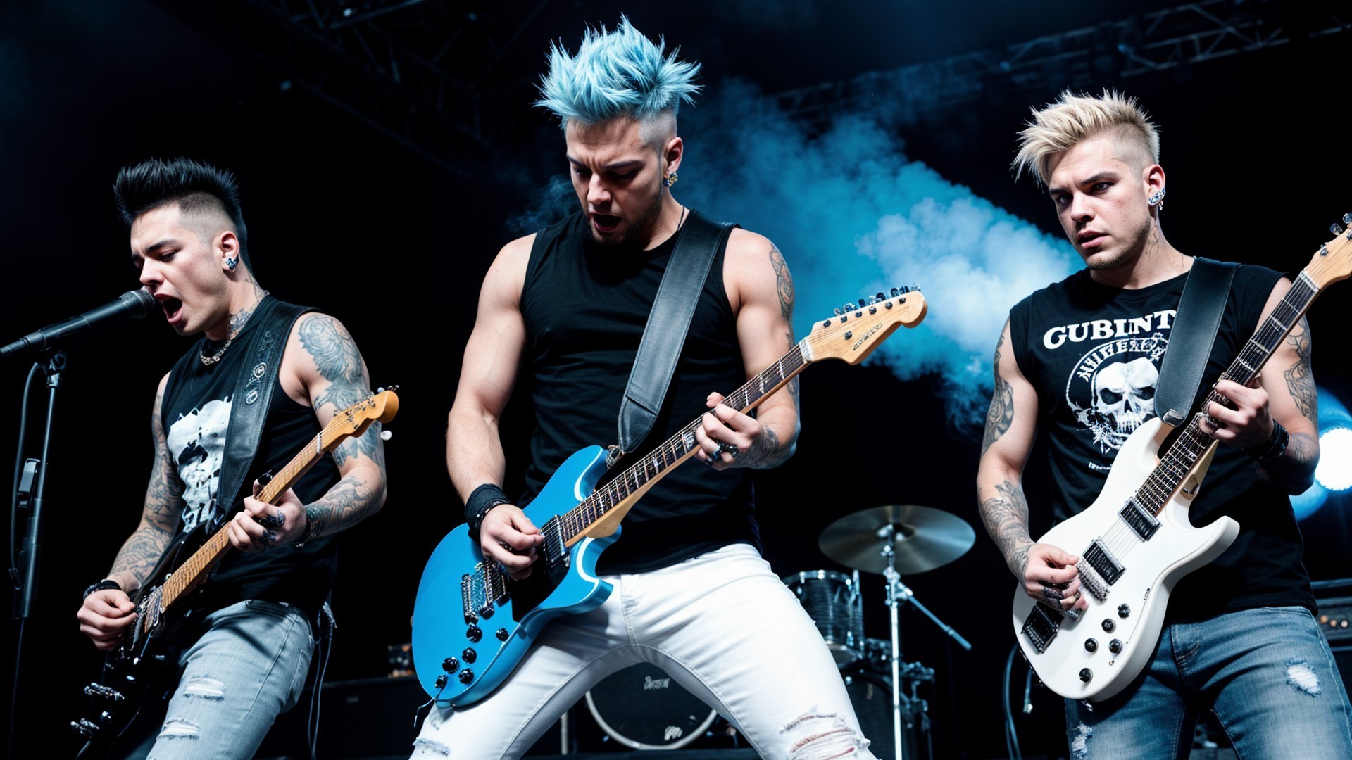 Rock Musicians Performing on Dark Stage with Smoke