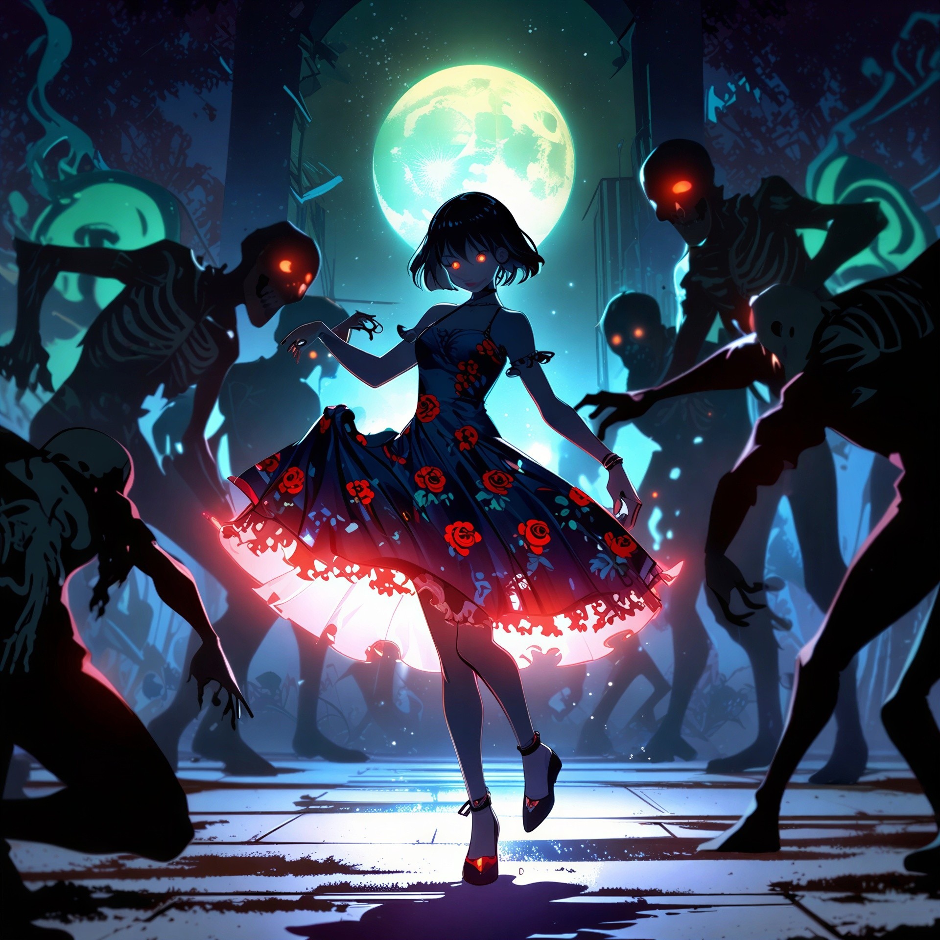 Anime girl dancing in dark setting with glowing figures