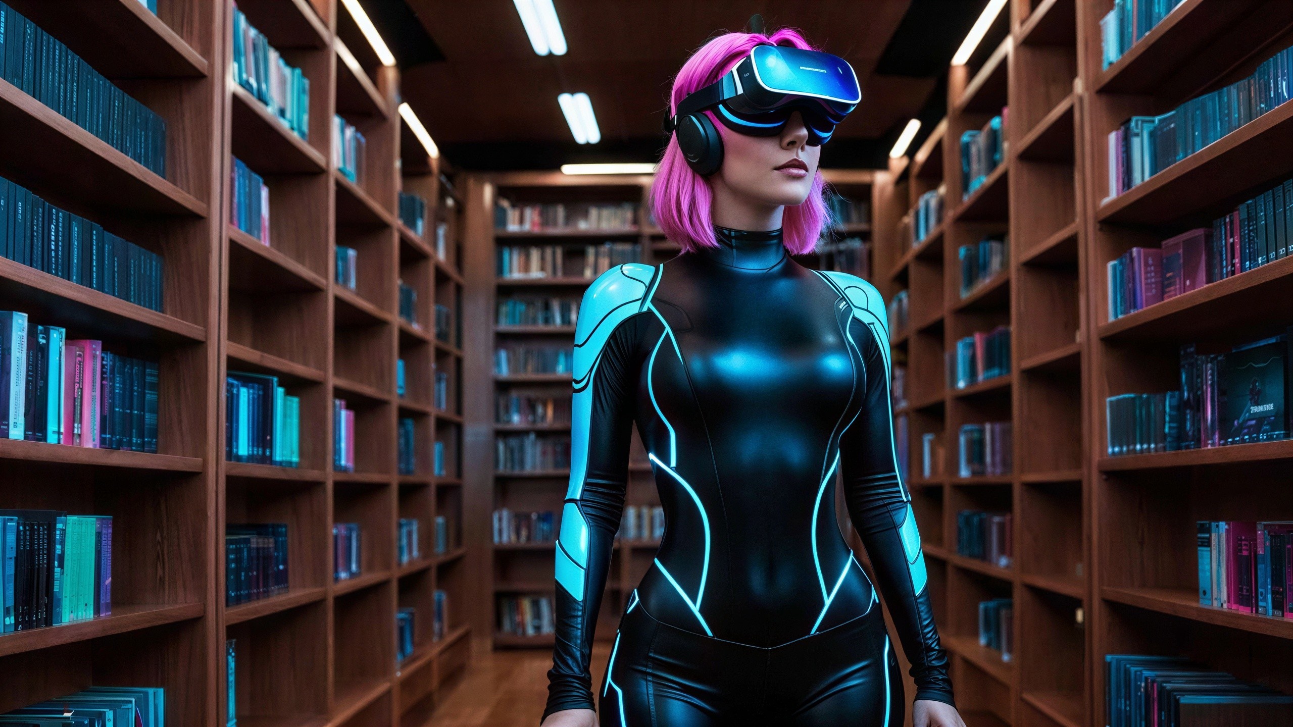 Young woman in futuristic attire in a grand library