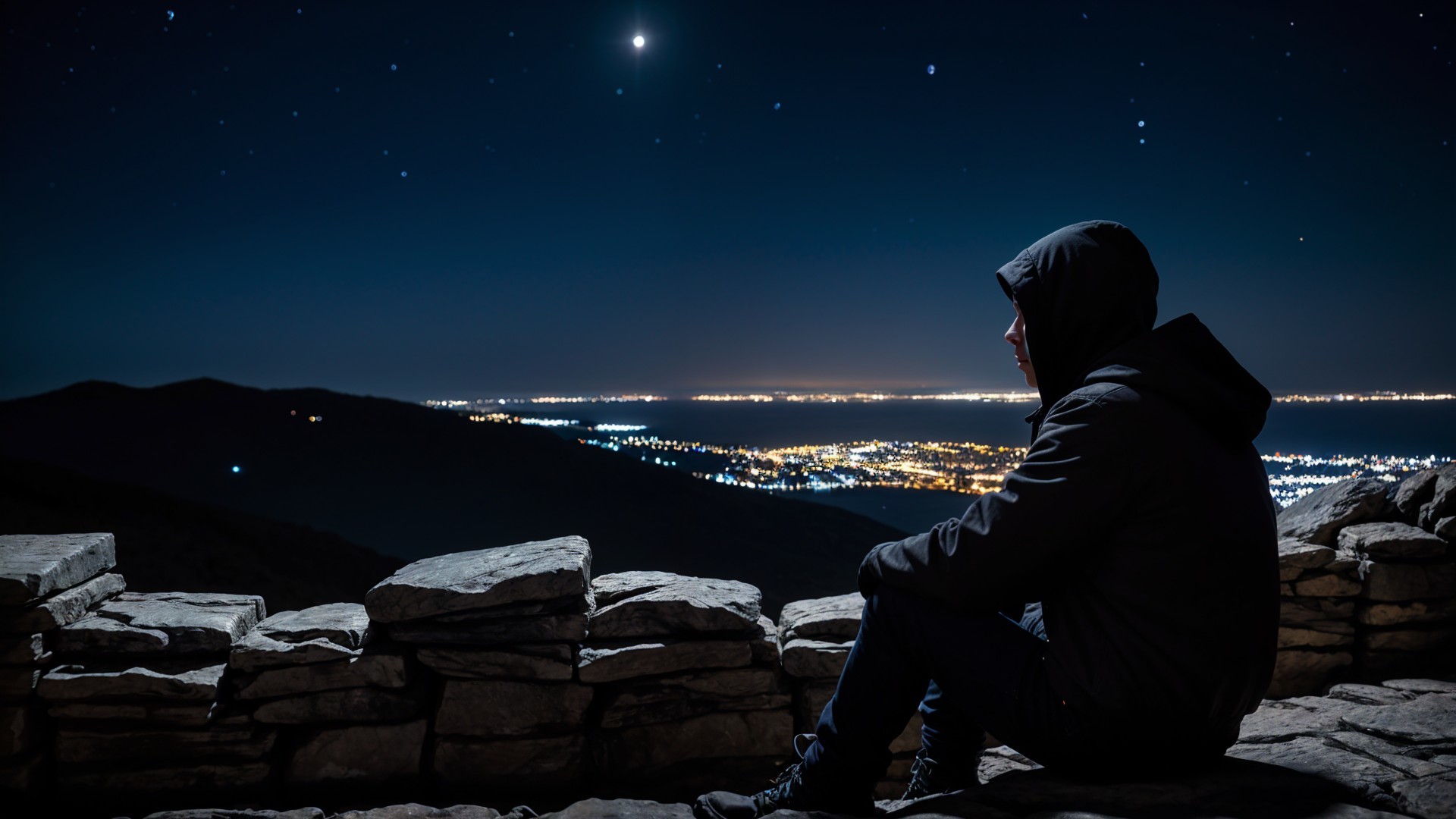 Solitary Figure Overlooks Starry Sky and City Lights
