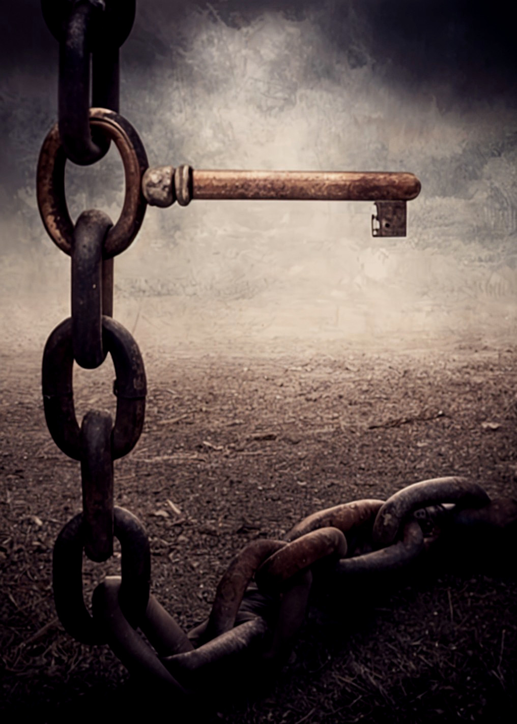 Rusted Key and Chain in Misty Landscape Scene