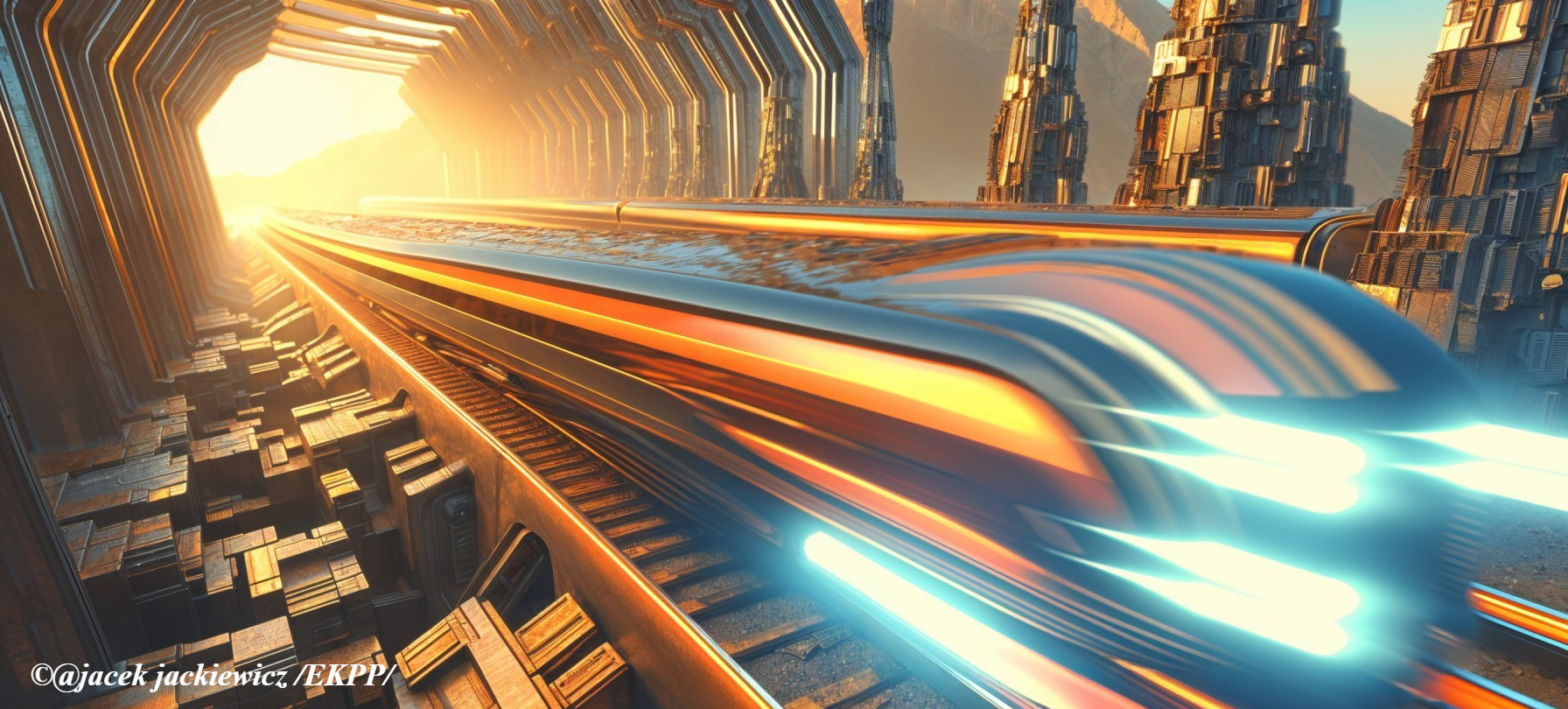 Futuristic train in a metallic tunnel with golden light