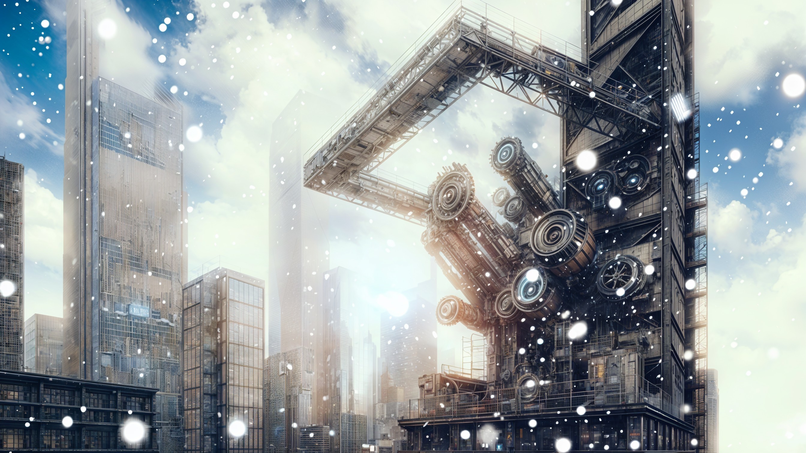 Futuristic Industrial Structure in Snowy Urban Scene