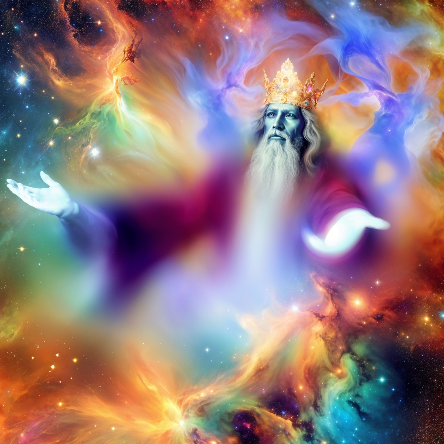 Majestic Figure with Golden Crown in Cosmic Setting