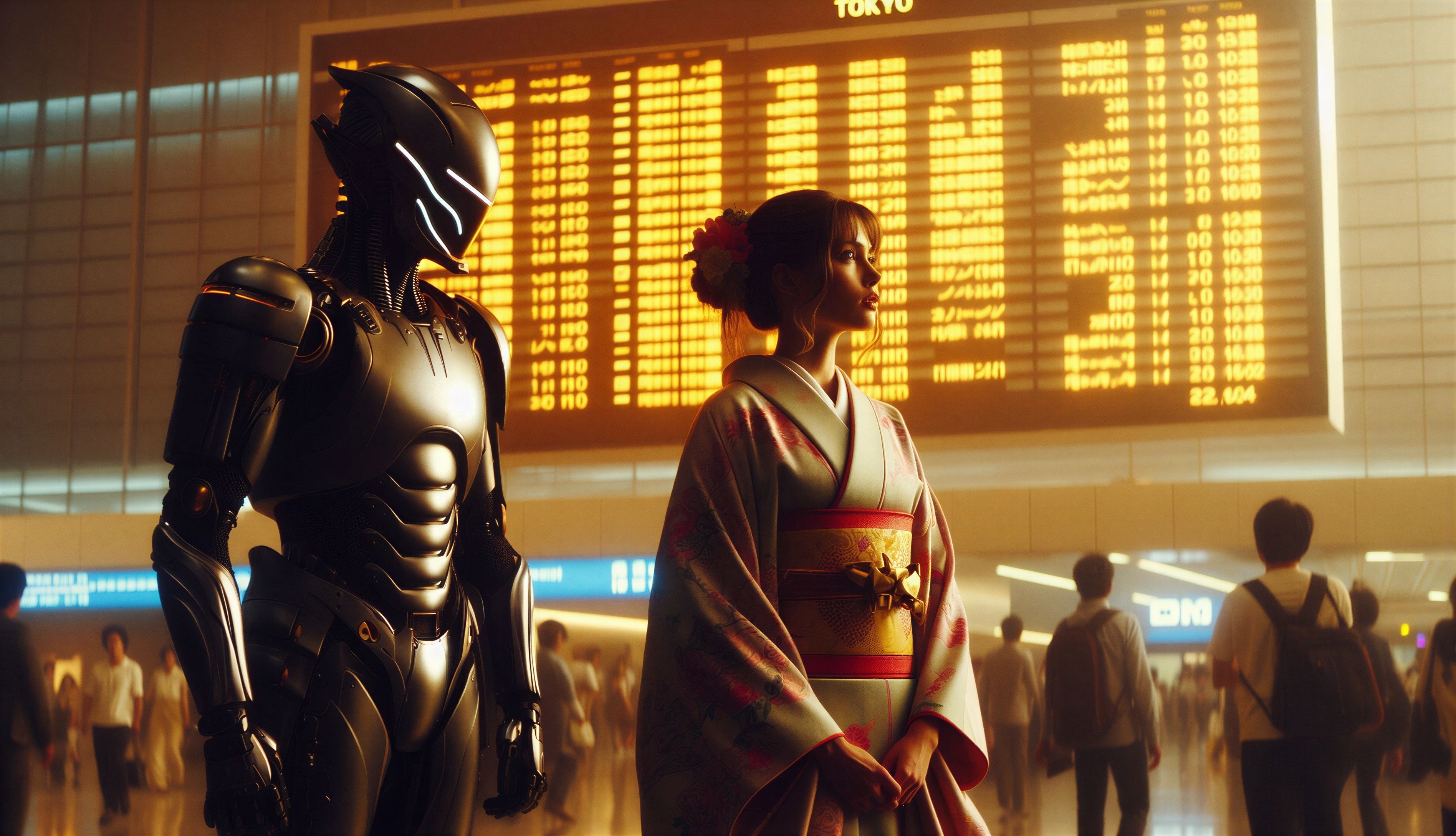Futuristic Train Station with Robot and Kimono Culture