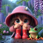 Girl in Pink Rain Hat Surrounded by Colorful Garden