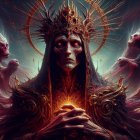 Dark Ethereal Figure with Glowing Orb and Spirits