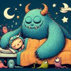 Child Sleeping with Friendly Blue Monster in Cozy Room