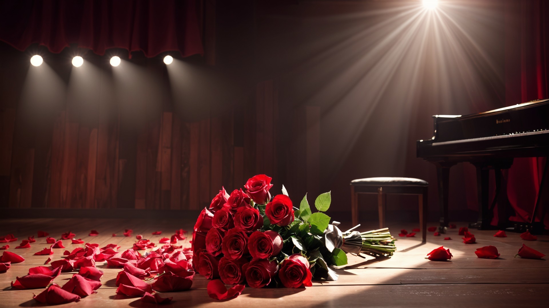 Romantic Stage Scene with Piano and Red Roses