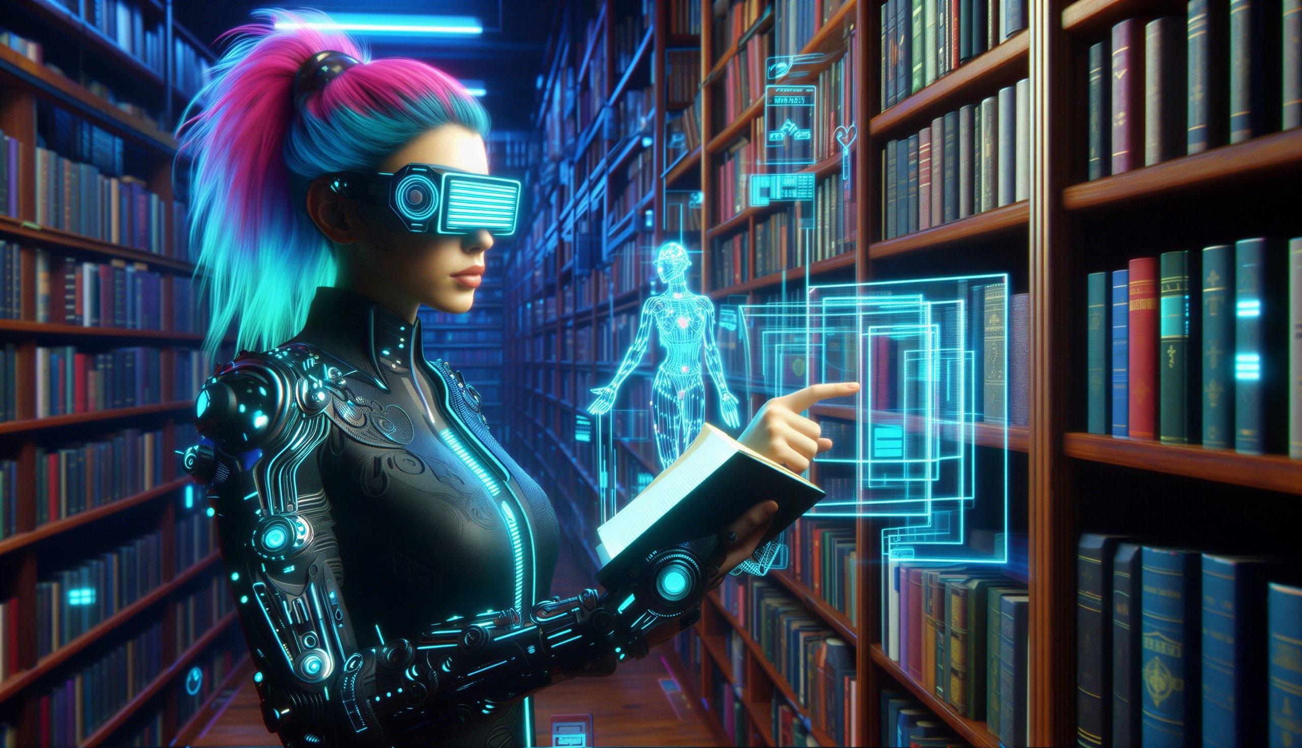 Cyberpunk Woman in Futuristic Library with VR Tech
