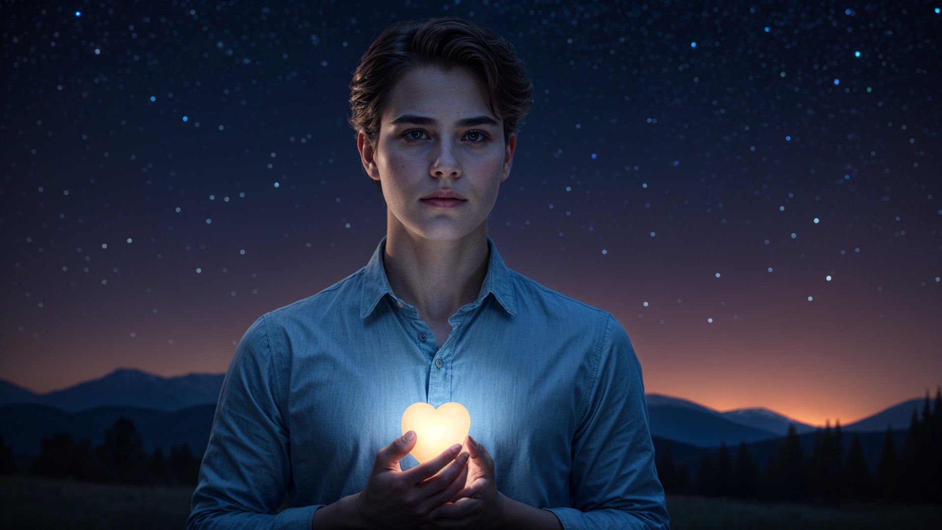 Twilight Landscape with Heart-Shaped Light and Stars