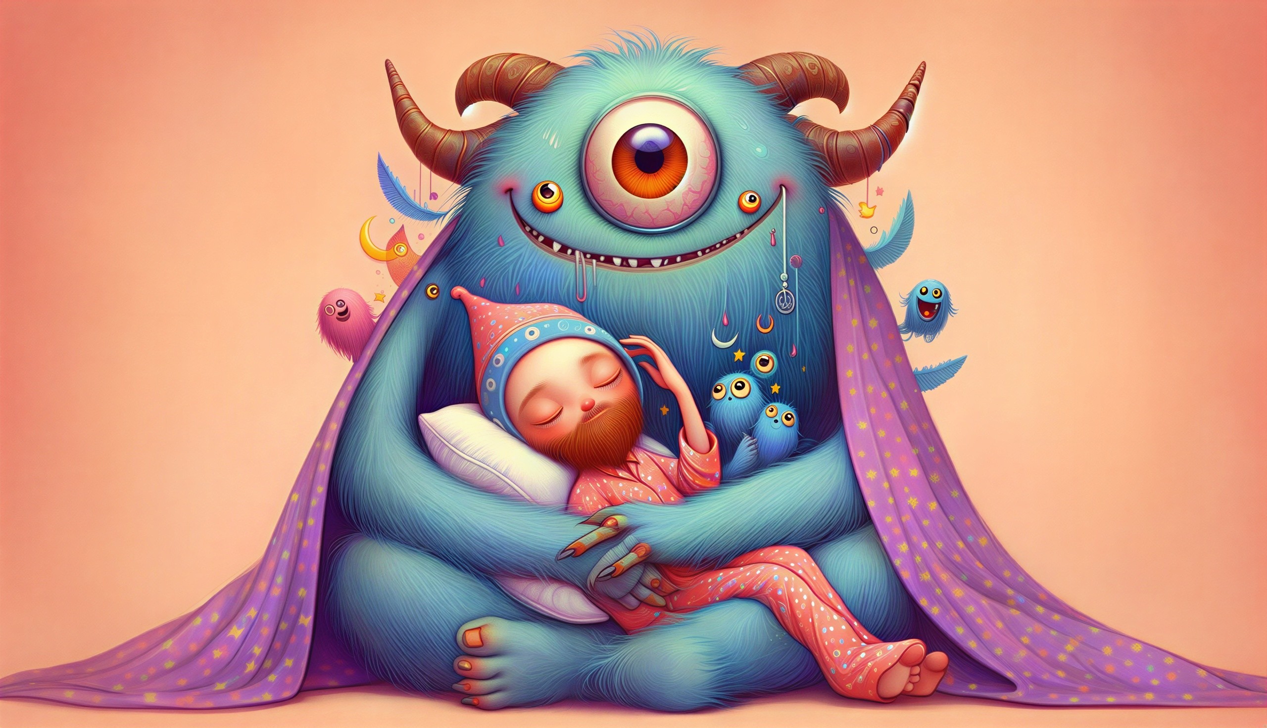 Whimsical Scene of a Monster Cradling a Sleeping Child