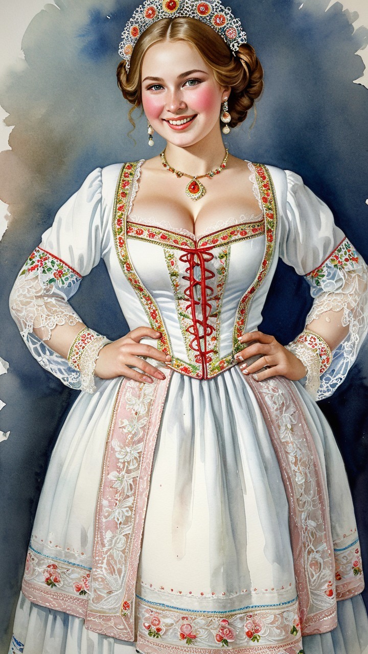 Young Woman in Ornate Traditional Gown with Embroidery