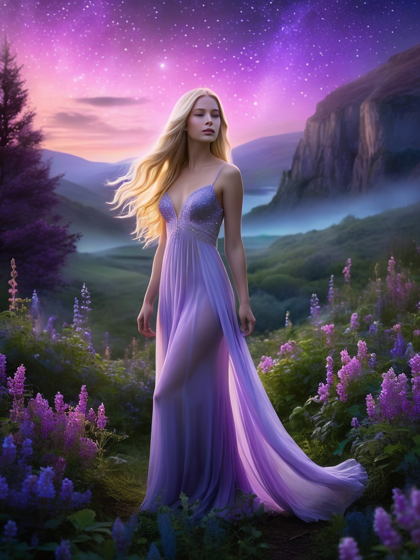 Young Woman in Lavender Gown in Magical Landscape