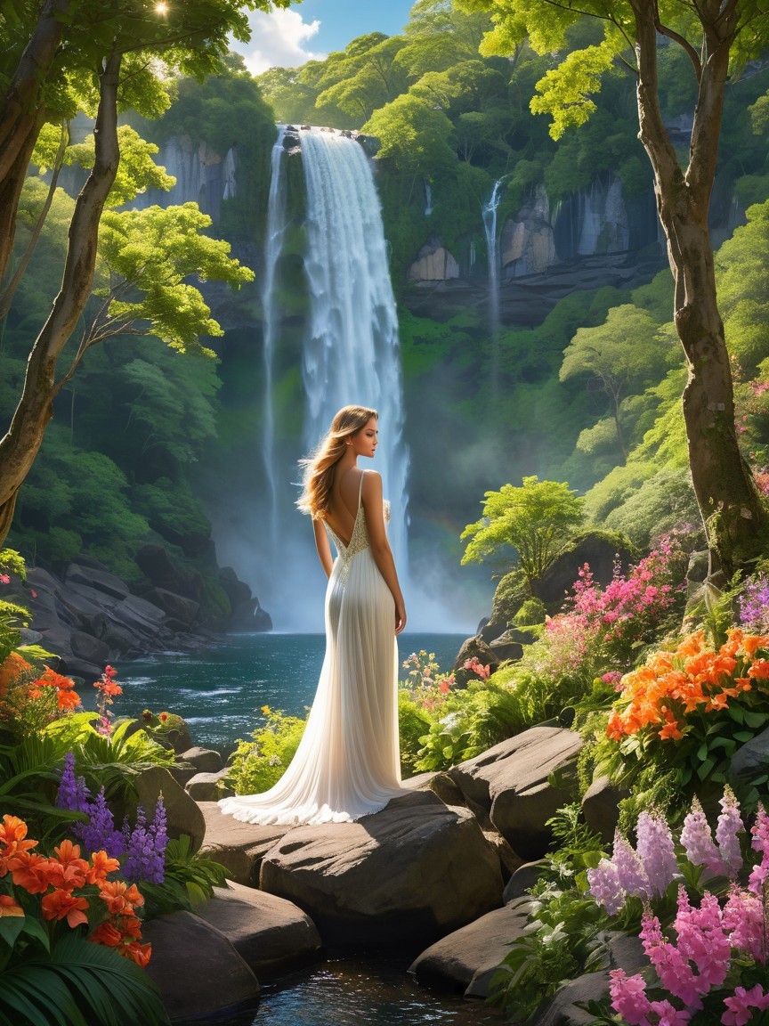 Majestic waterfall in a serene landscape with greenery