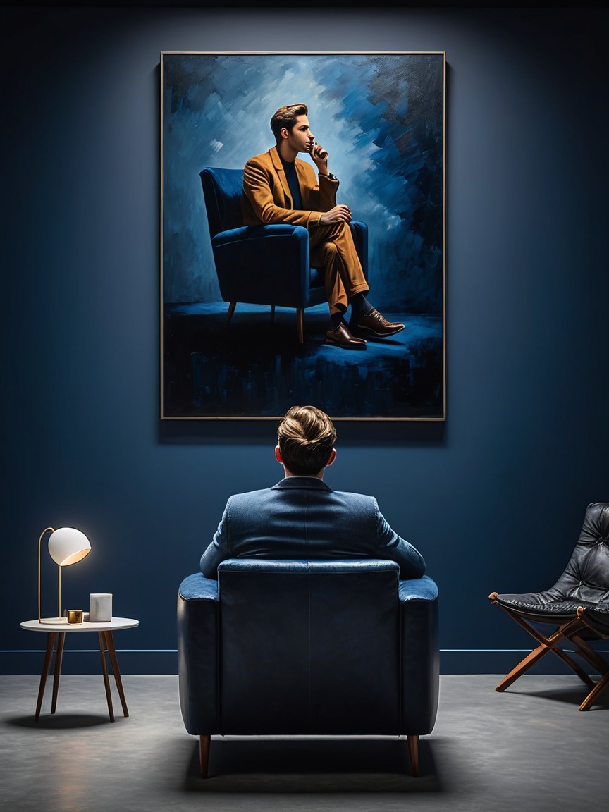 Modern Blue Armchair with Striking Portrait Display