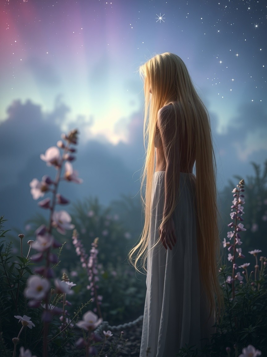 Serene figure in mystical landscape with flowers and stars