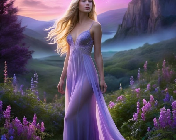 Young Woman in Lavender Gown in Magical Landscape