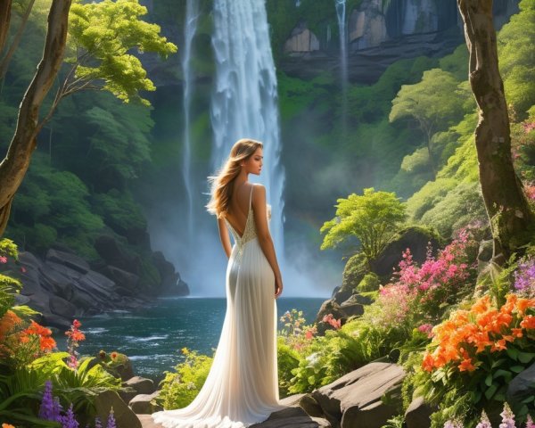 Majestic waterfall in a serene landscape with greenery