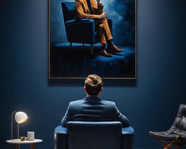 Modern Blue Armchair with Striking Portrait Display