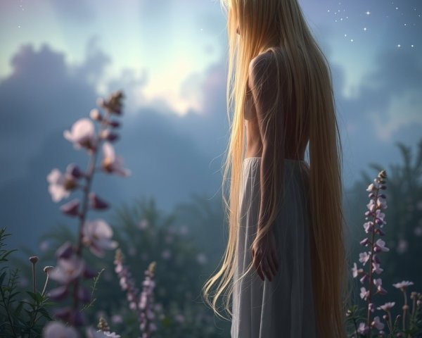 Serene figure in mystical landscape with flowers and stars