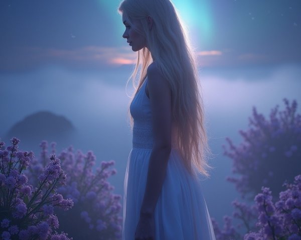 Young Woman in Pink Flowers Under Northern Lights