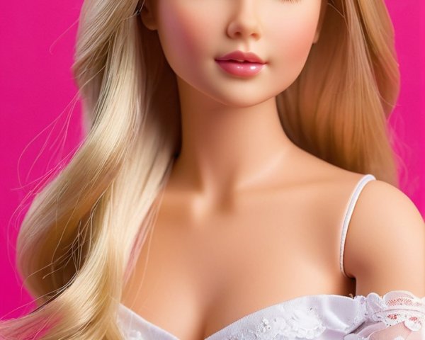 Stylish Doll in White Dress with Pink Background